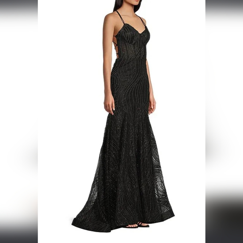 Blondie Nites Glitter Black and Silver Prom Dress